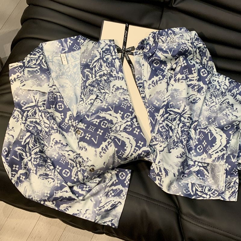 【#A391】Blue And White Porcelain Print Ice Silk Pajama Set, Lapel Long Sleeve Open Shirt & Elastic Wide Leg Pants Loungewear 2-Piece Kit
