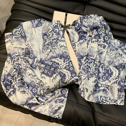 【#A391】Blue And White Porcelain Print Ice Silk Pajama Set, Lapel Long Sleeve Open Shirt & Elastic Wide Leg Pants Loungewear 2-Piece Kit