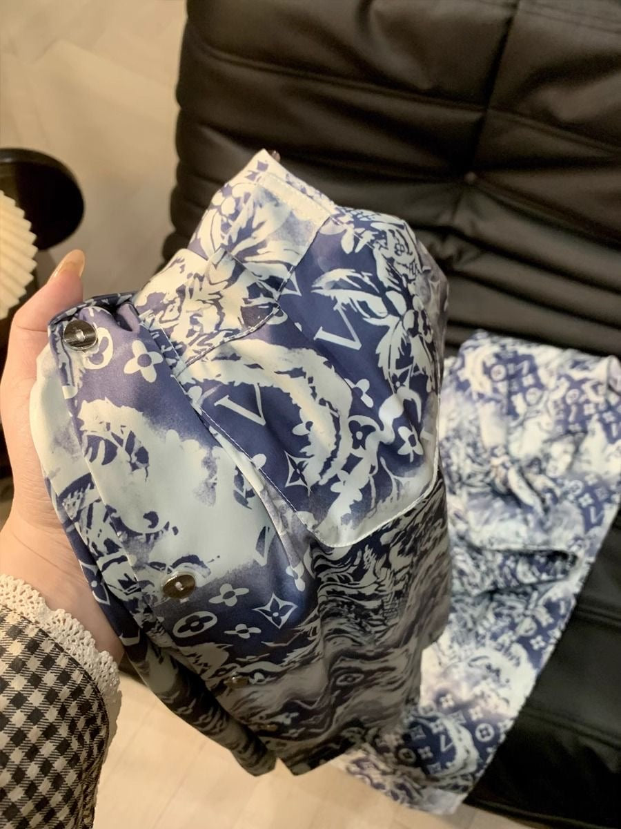 【#A391】Blue And White Porcelain Print Ice Silk Pajama Set, Lapel Long Sleeve Open Shirt & Elastic Wide Leg Pants Loungewear 2-Piece Kit