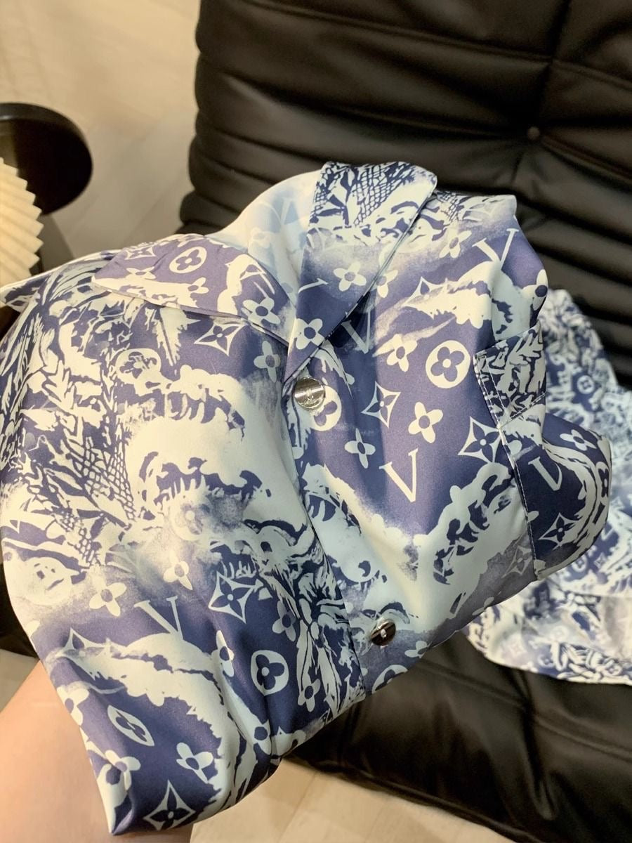 【#A391】Blue And White Porcelain Print Ice Silk Pajama Set, Lapel Long Sleeve Open Shirt & Elastic Wide Leg Pants Loungewear 2-Piece Kit