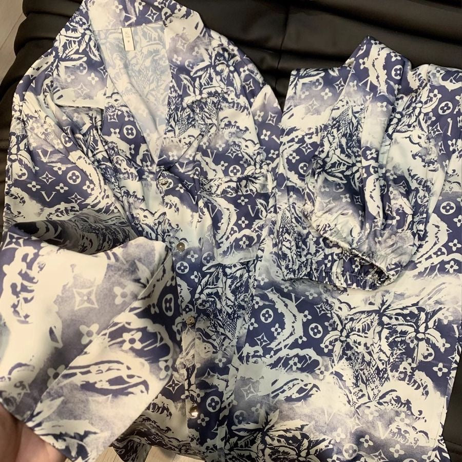 【#A391】Blue And White Porcelain Print Ice Silk Pajama Set, Lapel Long Sleeve Open Shirt & Elastic Wide Leg Pants Loungewear 2-Piece Kit