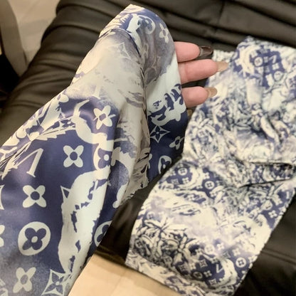 【#A391】Blue And White Porcelain Print Ice Silk Pajama Set, Lapel Long Sleeve Open Shirt & Elastic Wide Leg Pants Loungewear 2-Piece Kit