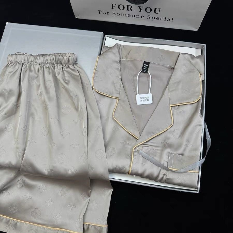 【#A392】Jacquard Ice Silk 3-Piece Pajama Set, Men Lapel Short Sleeve With Short & Long Pants Breathable Loungewear Gift Box