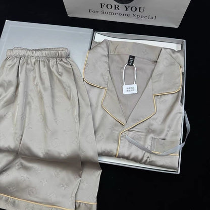 【#A392】Jacquard Ice Silk 3-Piece Pajama Set, Men Lapel Short Sleeve With Short & Long Pants Breathable Loungewear Gift Box