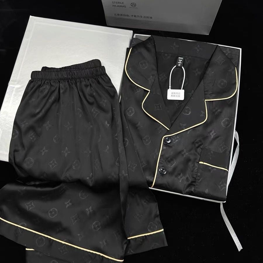 【#A392】Jacquard Ice Silk 3-Piece Pajama Set, Men Lapel Short Sleeve With Short & Long Pants Breathable Loungewear Gift Box