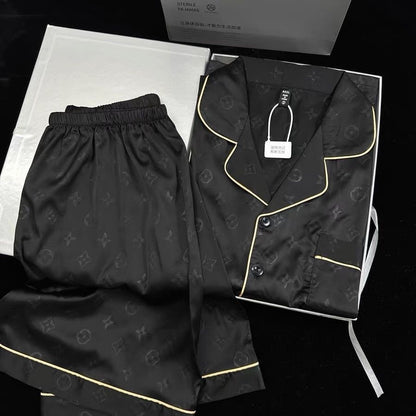 【#A392】Jacquard Ice Silk 3-Piece Pajama Set, Men Lapel Short Sleeve With Short & Long Pants Breathable Loungewear Gift Box