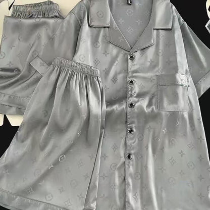 【#A392】Jacquard Ice Silk 3-Piece Pajama Set, Men Lapel Short Sleeve With Short & Long Pants Breathable Loungewear Gift Box