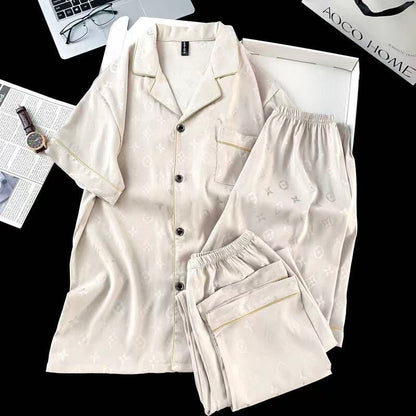 【#A392】Jacquard Ice Silk 3-Piece Pajama Set, Men Lapel Short Sleeve With Short & Long Pants Breathable Loungewear Gift Box