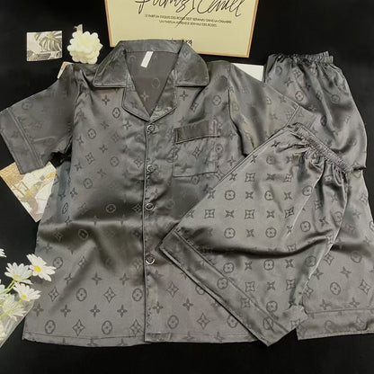 【#A392】Jacquard Ice Silk 3-Piece Pajama Set, Men Lapel Short Sleeve With Short & Long Pants Breathable Loungewear Gift Box