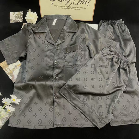 【#A392】Jacquard Ice Silk 3-Piece Pajama Set, Men Lapel Short Sleeve With Short & Long Pants Breathable Loungewear Gift Box