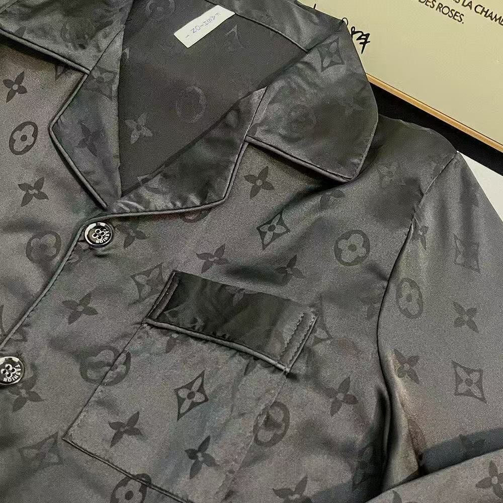 【#A392】Jacquard Ice Silk 3-Piece Pajama Set, Men Lapel Short Sleeve With Short & Long Pants Breathable Loungewear Gift Box