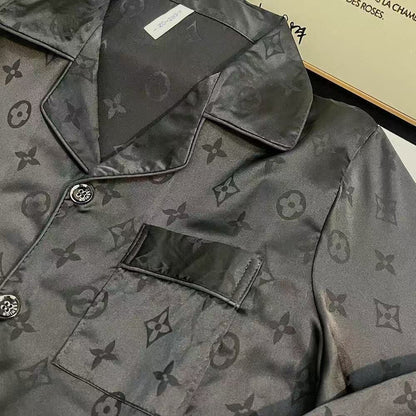 【#A392】Jacquard Ice Silk 3-Piece Pajama Set, Men Lapel Short Sleeve With Short & Long Pants Breathable Loungewear Gift Box