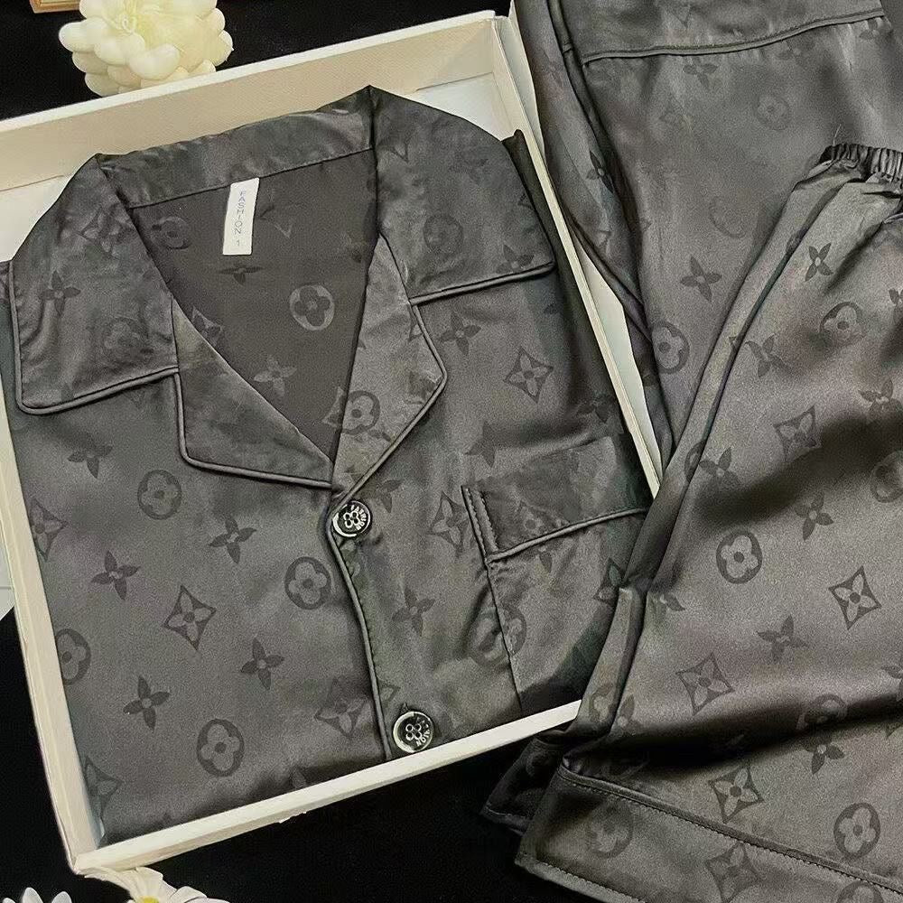 【#A392】Jacquard Ice Silk 3-Piece Pajama Set, Men Lapel Short Sleeve With Short & Long Pants Breathable Loungewear Gift Box