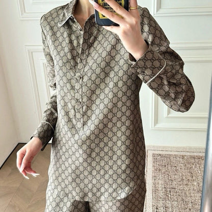 【#A393】Vintage All Over Rhombus Print Ice Silk Pajama Set, Collar Half Placket Long Sleeve Wide Leg Pants Unisex Loungewear