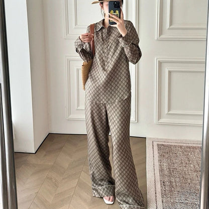 【#A393】Vintage All Over Rhombus Print Ice Silk Pajama Set, Collar Half Placket Long Sleeve Wide Leg Pants Unisex Loungewear