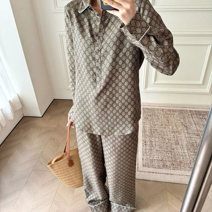 【#A393】Vintage All Over Rhombus Print Ice Silk Pajama Set, Collar Half Placket Long Sleeve Wide Leg Pants Unisex Loungewear
