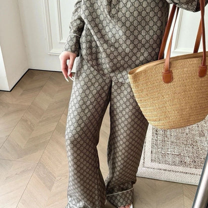 【#A393】Vintage All Over Rhombus Print Ice Silk Pajama Set, Collar Half Placket Long Sleeve Wide Leg Pants Unisex Loungewear