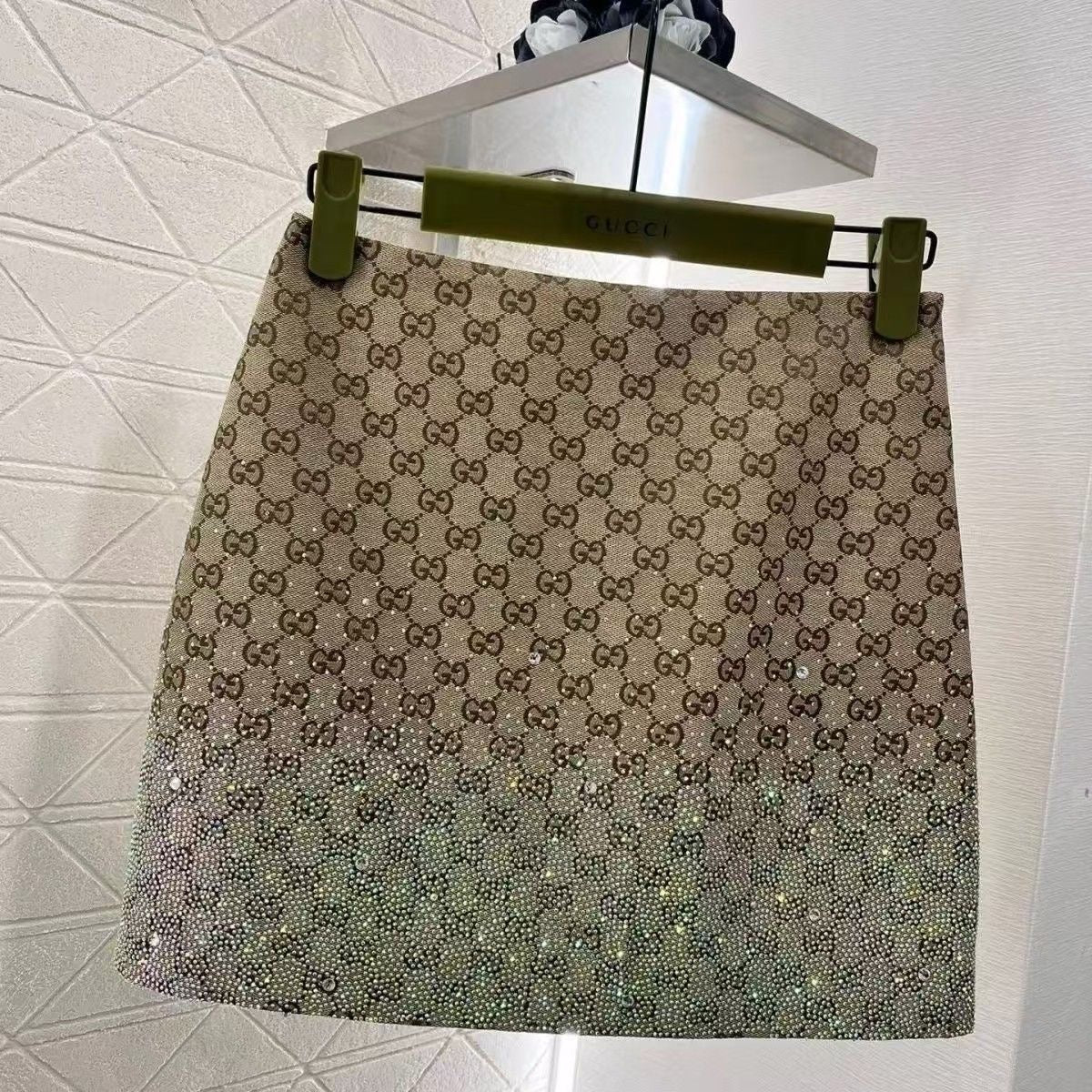 【#A394】Vintage Full Rhombus Gradient Rhinestone A-Line Mini Skirt, High Waist Slim Shiny Plaid Wrap Short Skirt