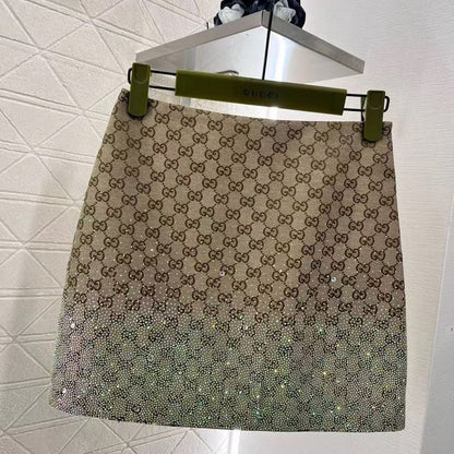 【#A394】Vintage Full Rhombus Gradient Rhinestone A-Line Mini Skirt, High Waist Slim Shiny Plaid Wrap Short Skirt
