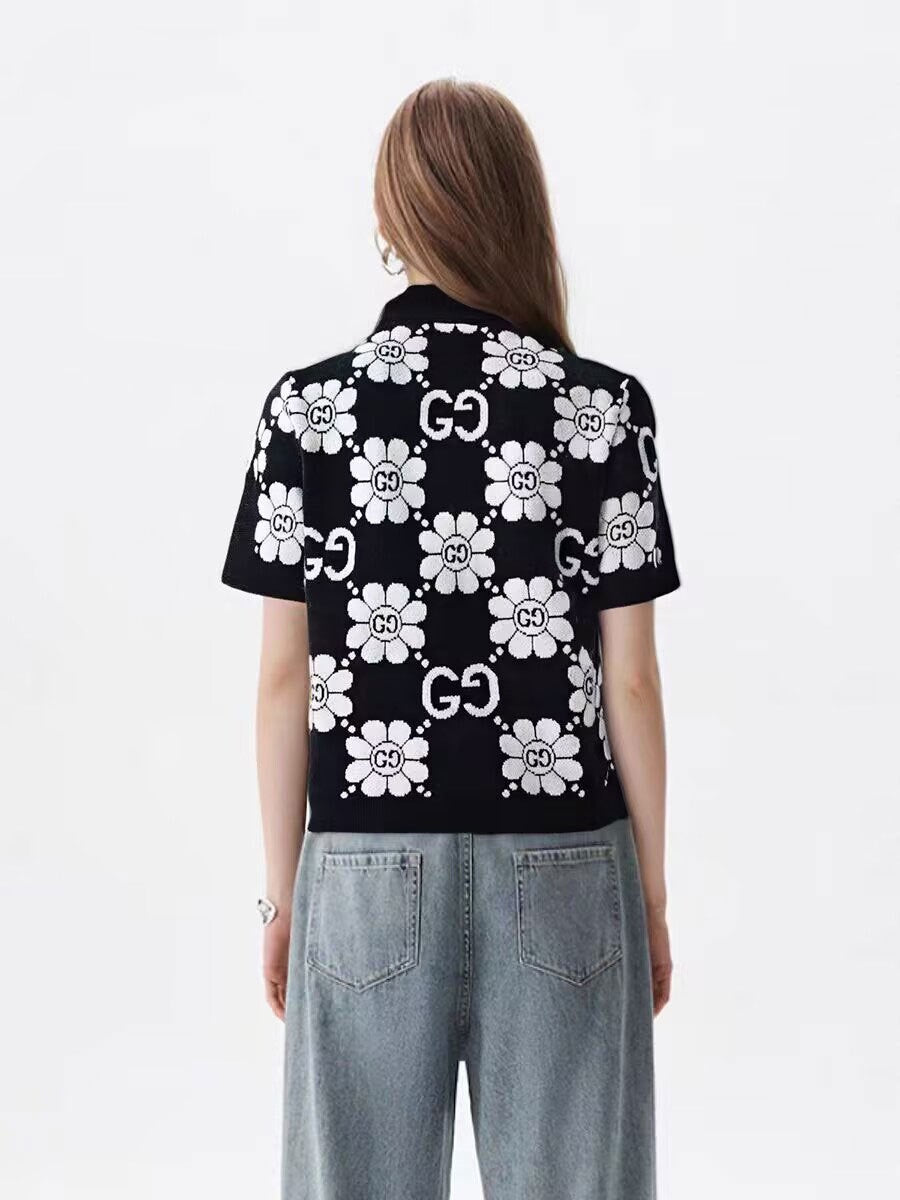 【#A395】Vintage Daisy Jacquard Knit 2-Piece Set, Collar Short Sleeve Cardigan & High Waist A-Line Mini Skirt Casual Outfit