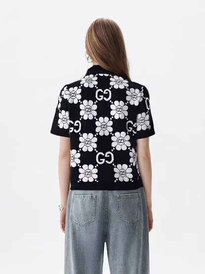 【#A395】Vintage Daisy Jacquard Knit 2-Piece Set, Collar Short Sleeve Cardigan & High Waist A-Line Mini Skirt Casual Outfit