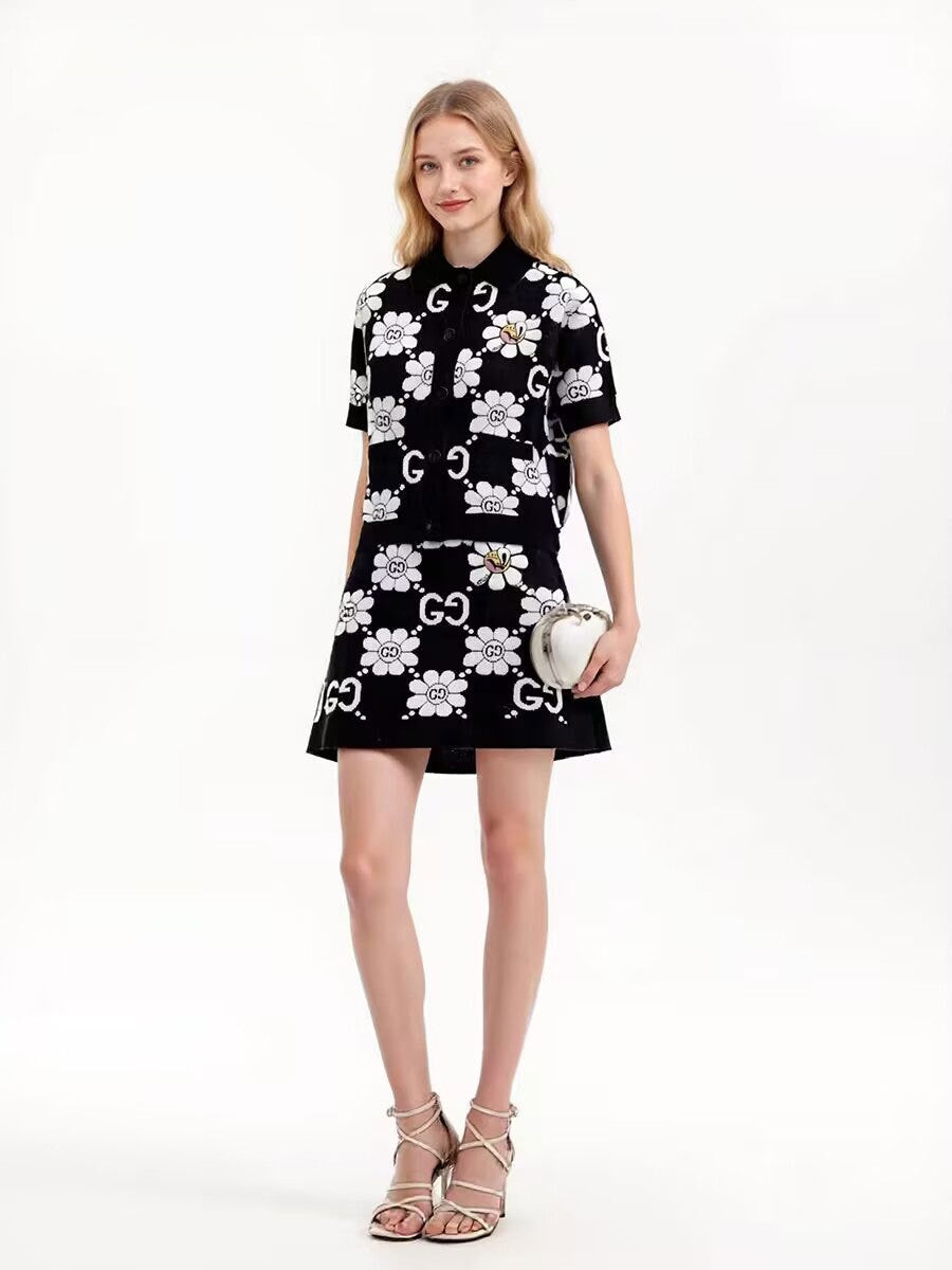 【#A395】Vintage Daisy Jacquard Knit 2-Piece Set, Collar Short Sleeve Cardigan & High Waist A-Line Mini Skirt Casual Outfit