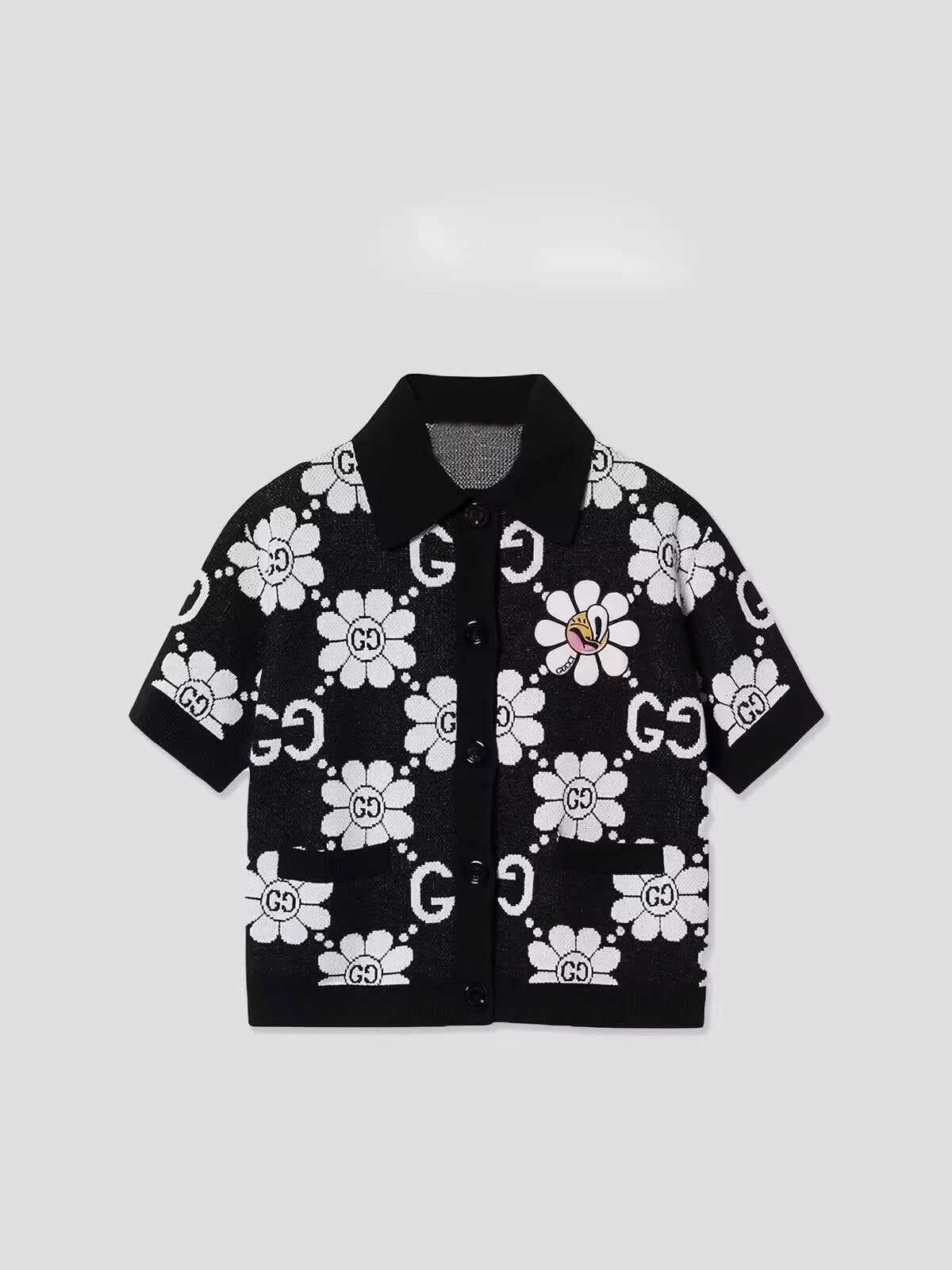 【#A395】Vintage Daisy Jacquard Knit 2-Piece Set, Collar Short Sleeve Cardigan & High Waist A-Line Mini Skirt Casual Outfit