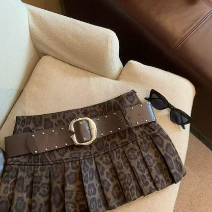 【#A397】Vintage Brown Leopard Print Pleated Micro Skirt, Y2k Low Waist Mini Skirt With Rivet Wide Belt