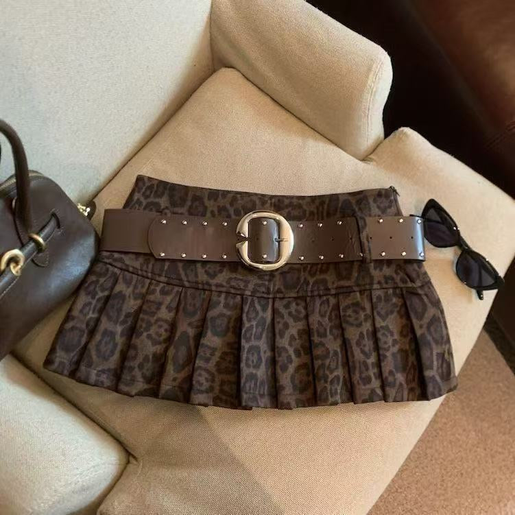 【#A397】Vintage Brown Leopard Print Pleated Micro Skirt, Y2k Low Waist Mini Skirt With Rivet Wide Belt