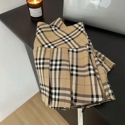 【#A398】Classic Khaki Plaid High Waist Pleated Mini Skirt, Preppy Slim Versatile Check Short Skirt