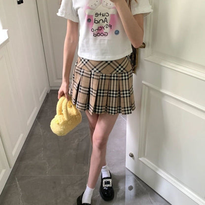 【#A398】Classic Khaki Plaid High Waist Pleated Mini Skirt, Preppy Slim Versatile Check Short Skirt