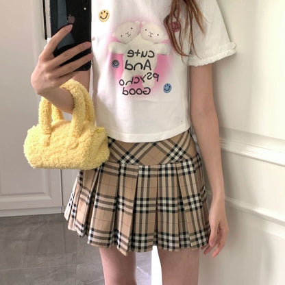 【#A398】Classic Khaki Plaid High Waist Pleated Mini Skirt, Preppy Slim Versatile Check Short Skirt