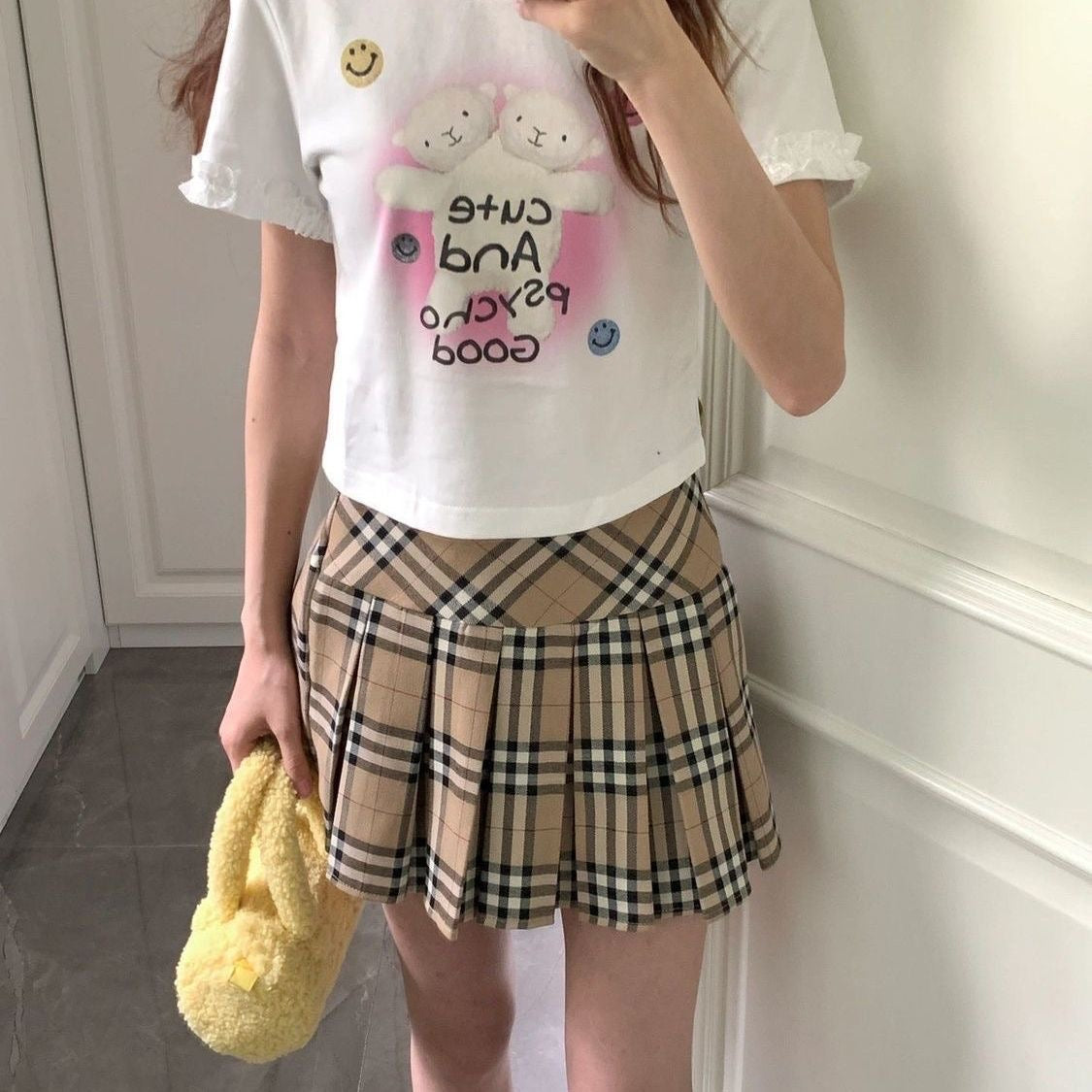 【#A398】Classic Khaki Plaid High Waist Pleated Mini Skirt, Preppy Slim Versatile Check Short Skirt