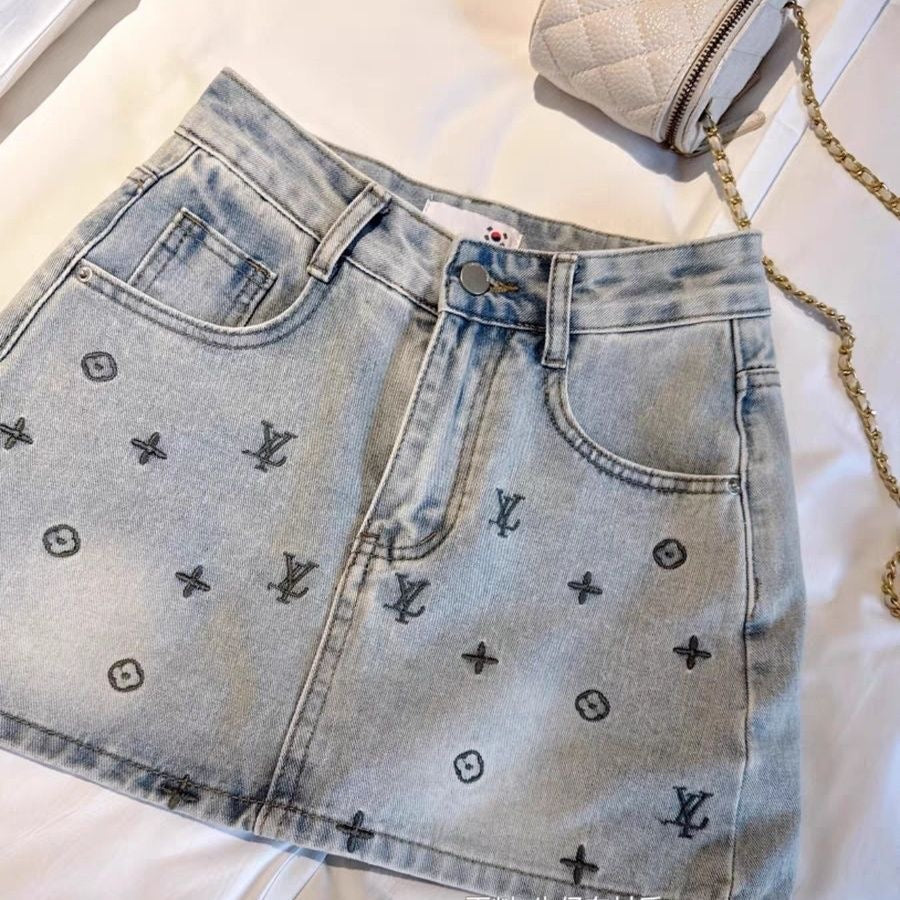 【#A399】Vintage Washed Light Blue Embroidered Denim Mini Skirt, High Waist Anti-Exposure Slim Versatile Wrap Skirt