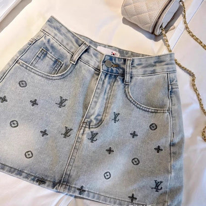 【#A399】Vintage Washed Light Blue Embroidered Denim Mini Skirt, High Waist Anti-Exposure Slim Versatile Wrap Skirt