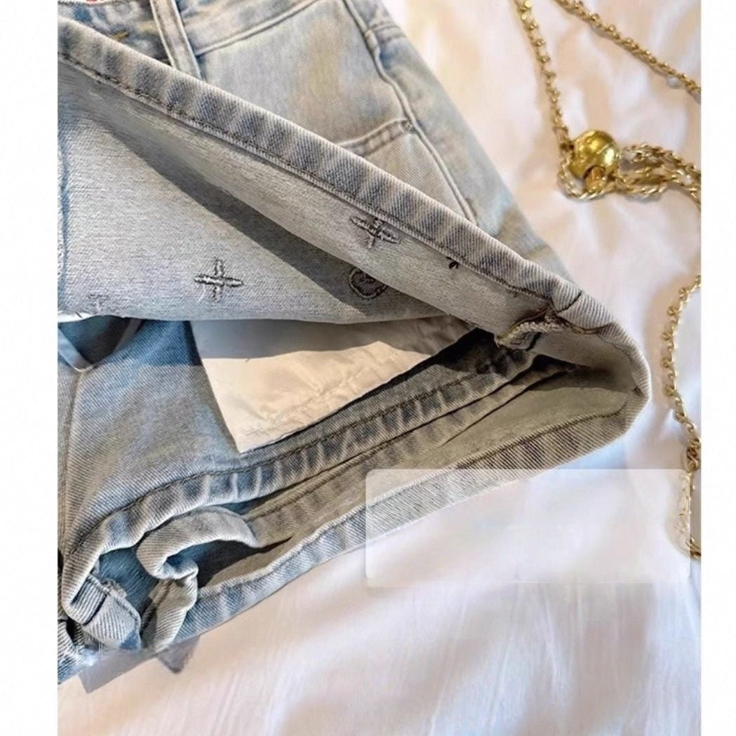 【#A399】Vintage Washed Light Blue Embroidered Denim Mini Skirt, High Waist Anti-Exposure Slim Versatile Wrap Skirt