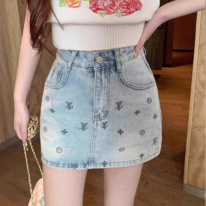 【#A399】Vintage Washed Light Blue Embroidered Denim Mini Skirt, High Waist Anti-Exposure Slim Versatile Wrap Skirt