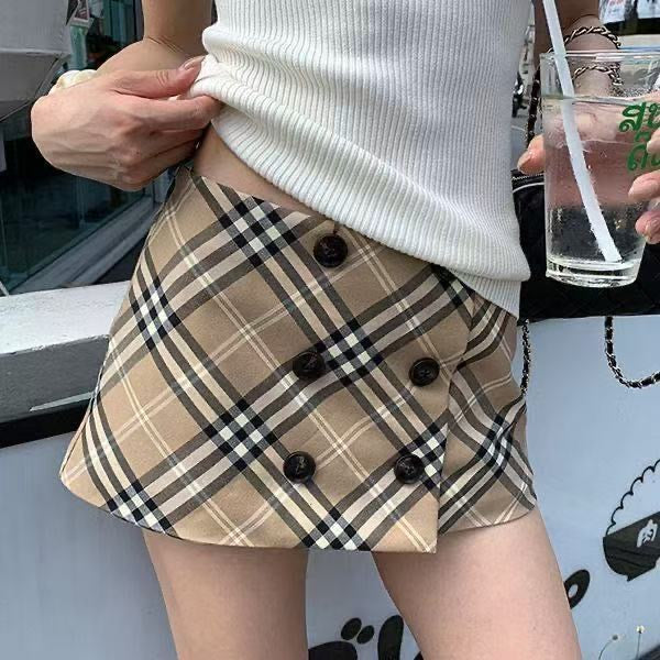 【#A400】Vintage Khaki Plaid Double Breasted Skort, Low Waist Slim Anti-Exposure Check Short Skirt