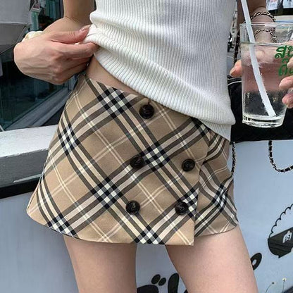 【#A400】Vintage Khaki Plaid Double Breasted Skort, Low Waist Slim Anti-Exposure Check Short Skirt