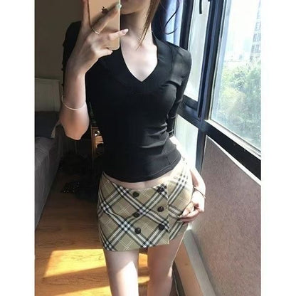 【#A400】Vintage Khaki Plaid Double Breasted Skort, Low Waist Slim Anti-Exposure Check Short Skirt