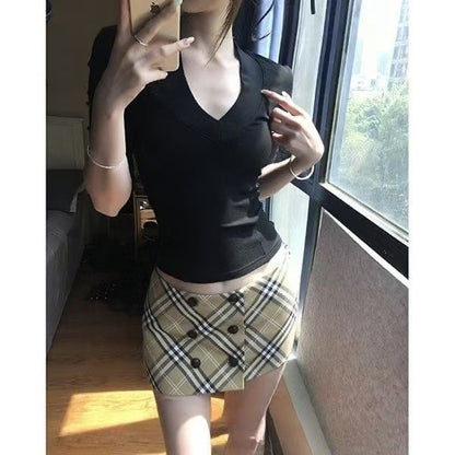 【#A400】Vintage Khaki Plaid Double Breasted Skort, Low Waist Slim Anti-Exposure Check Short Skirt