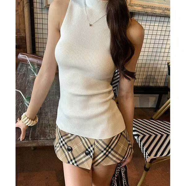 【#A400】Vintage Khaki Plaid Double Breasted Skort, Low Waist Slim Anti-Exposure Check Short Skirt
