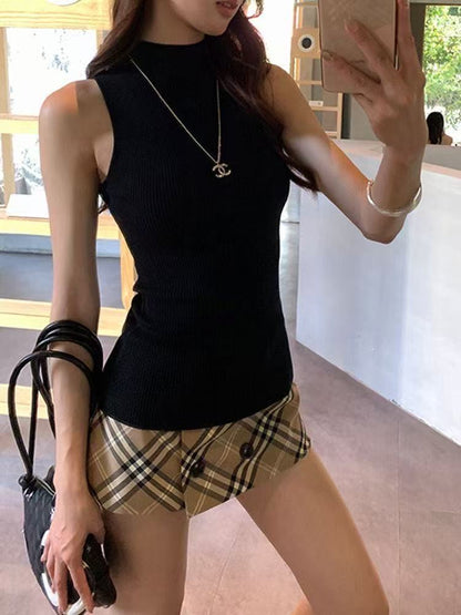 【#A400】Vintage Khaki Plaid Double Breasted Skort, Low Waist Slim Anti-Exposure Check Short Skirt