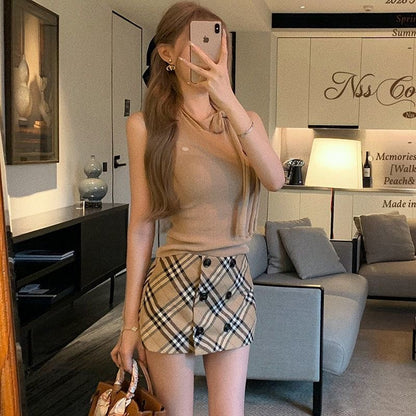 【#A400】Vintage Khaki Plaid Double Breasted Skort, Low Waist Slim Anti-Exposure Check Short Skirt