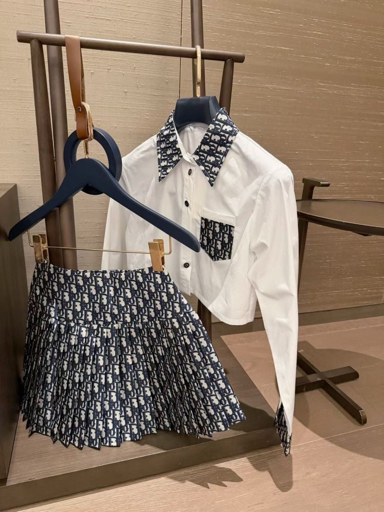 【#A401】Vintage Full Print Spliced Crop Shirt & Pleated Mini Skirt 2-Piece Set, Preppy Contrast Long Sleeve Outfit