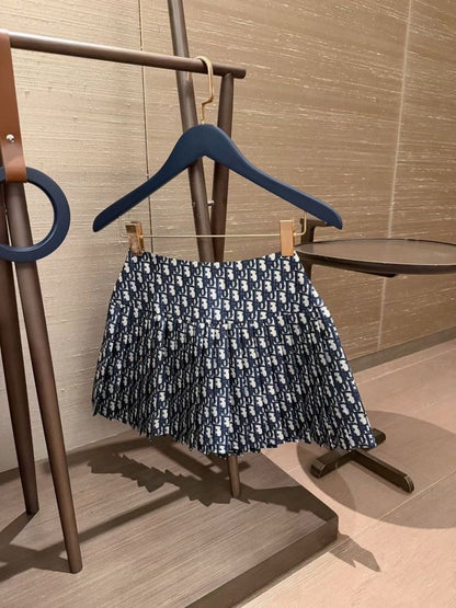【#A401】Vintage Full Print Spliced Crop Shirt & Pleated Mini Skirt 2-Piece Set, Preppy Contrast Long Sleeve Outfit