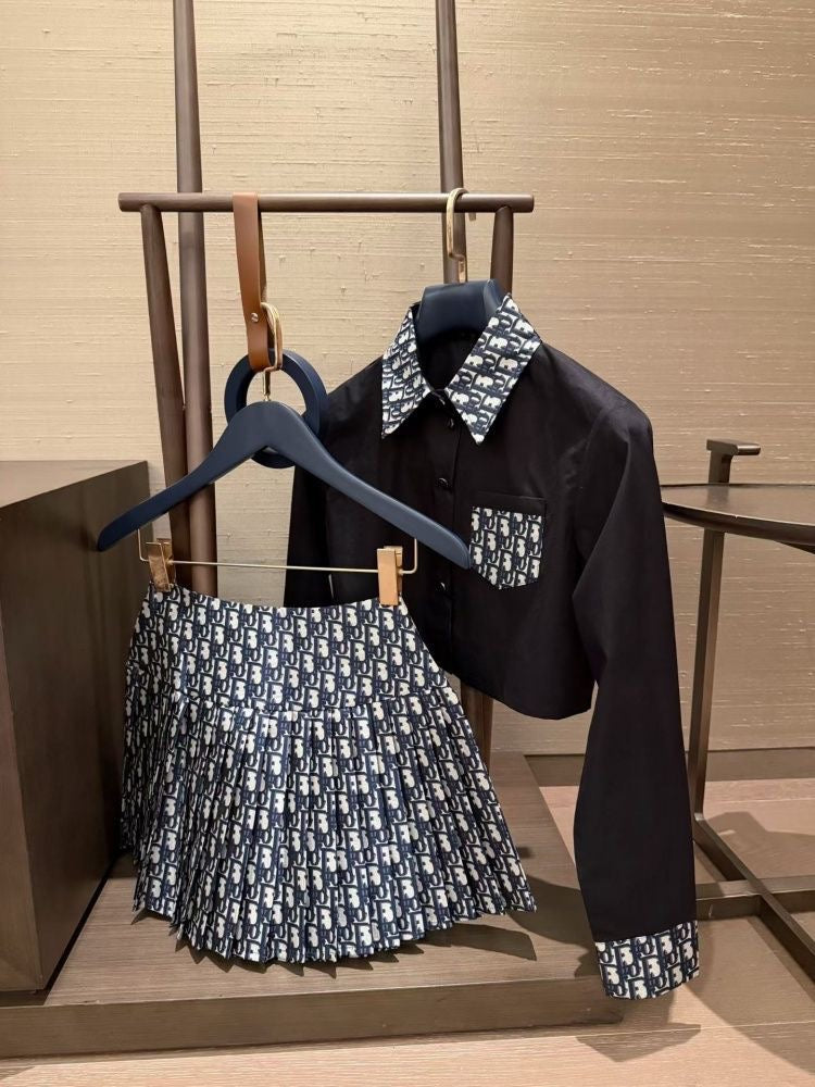 【#A401】Vintage Full Print Spliced Crop Shirt & Pleated Mini Skirt 2-Piece Set, Preppy Contrast Long Sleeve Outfit