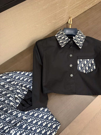 【#A401】Vintage Full Print Spliced Crop Shirt & Pleated Mini Skirt 2-Piece Set, Preppy Contrast Long Sleeve Outfit