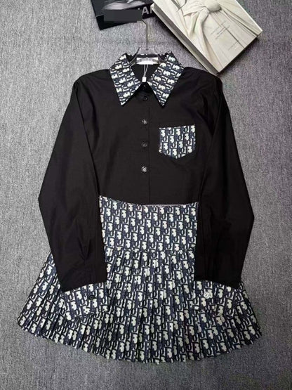 【#A401】Vintage Full Print Spliced Crop Shirt & Pleated Mini Skirt 2-Piece Set, Preppy Contrast Long Sleeve Outfit