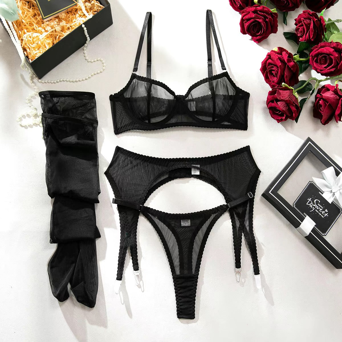 Sheer Mesh Underwire Lingerie 4-Piece Set, Sexy Cutout Garter Belt Stockings Intimate Outfit